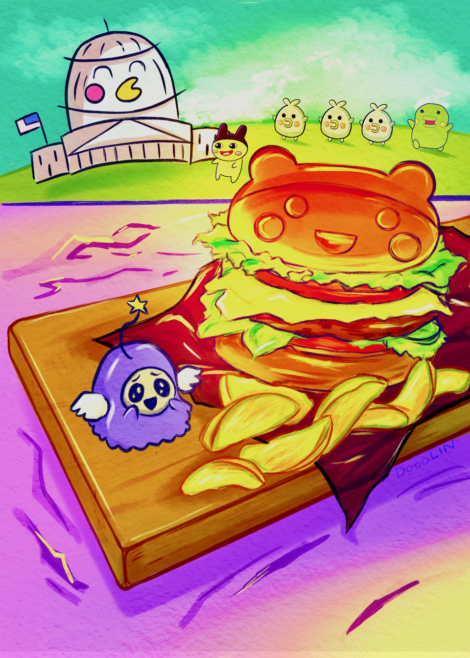 Weeptchi and Mametchi enjoying a burger